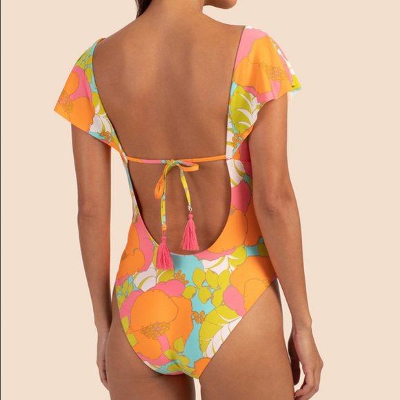 Trina Turk Playa De Flor Flutter Sleeve Maillot One Piece Swim suit Size 12 NWT - Picture 2 of 12